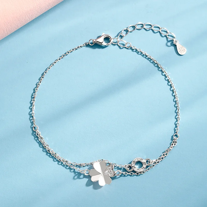 

S999 Sterling Silver Bracelet Women's Fashion Clover Japanese and Korean Simple Sweet Bracelet Girlfriends Jewelry Personalized
