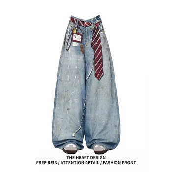 ZHIZOU Women Blue Y2k Baggy Jeans Harajuku VintageBent Knife Denim Trouser Aesthetic 2000s Style Jeans Pants Oversize Clothes 1