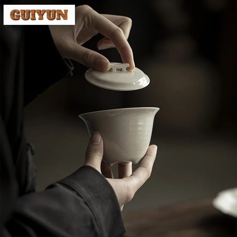 120ml Plant Ash Cover Bowl Zen Three Legged Tea Tureen Boutique Ceramic Gaiwan Handmade Tea Brewing Cafes Gift Teaware Crafts