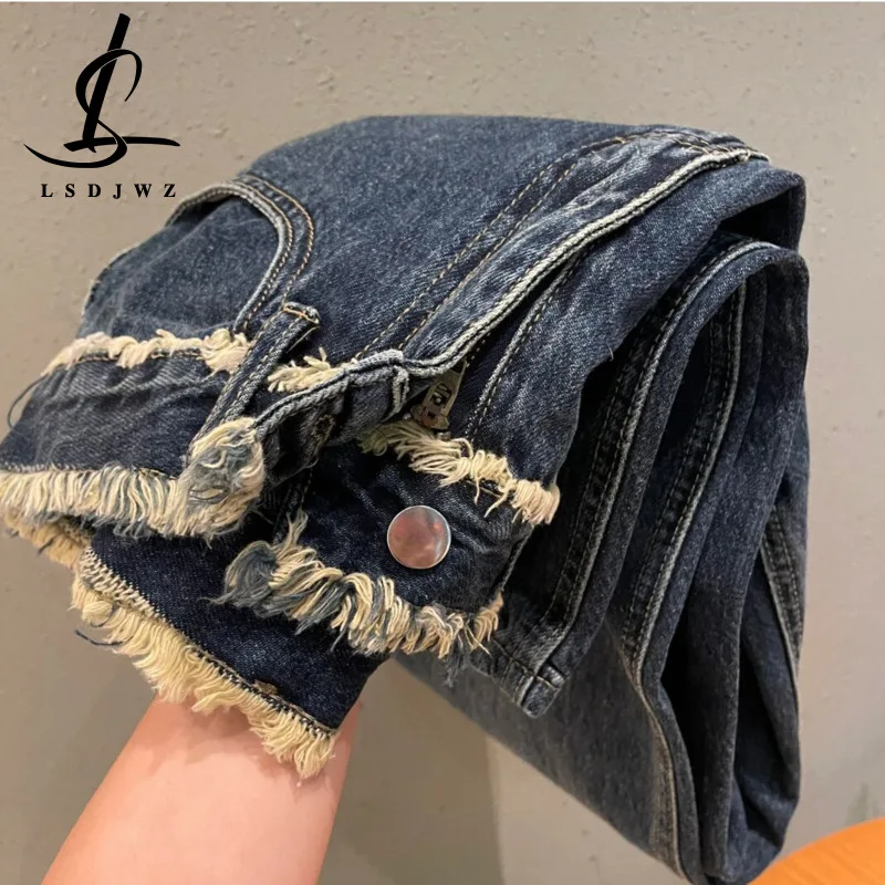 

Large women's dress American vintage raw jeans Women's spring and autumn pear-shaped design high waist straight leg wide leg