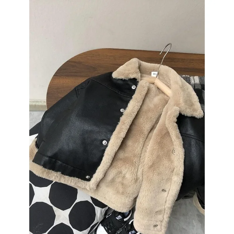 Kids Leather Jackets Boys Girls Black Fleece 2-11Y