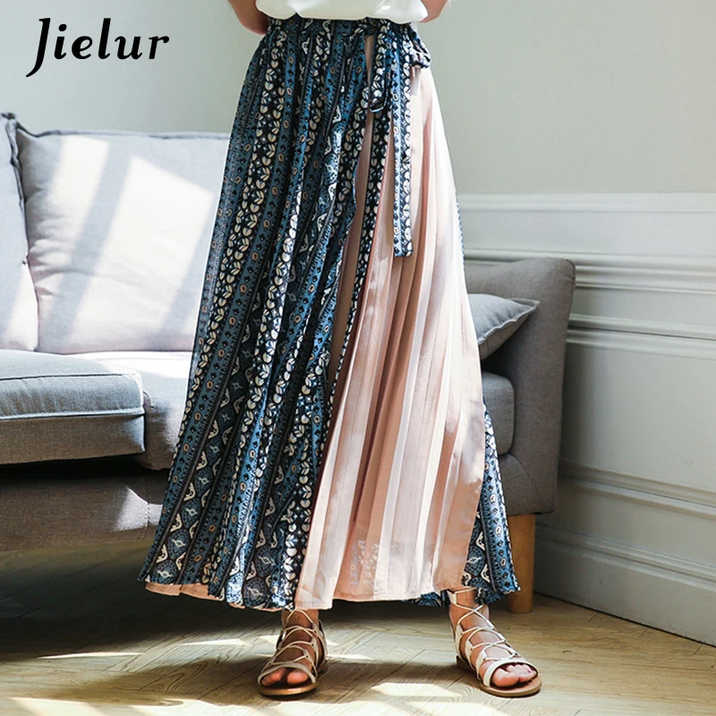 

Stitching Chiffon Women's Skirt New High Waist Skirts Pleated A-line Drawstring Skirt Vintage Bohemian Spring Summer