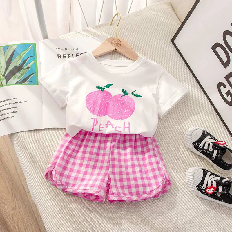 Girls Summer Children Clothing Sets Plaid Shorts  Short Sleeve T Shirt Baby Girls Clothes Sweet Cute Outfits for 2 4 6 8 Yrs baby essentials clothing sets