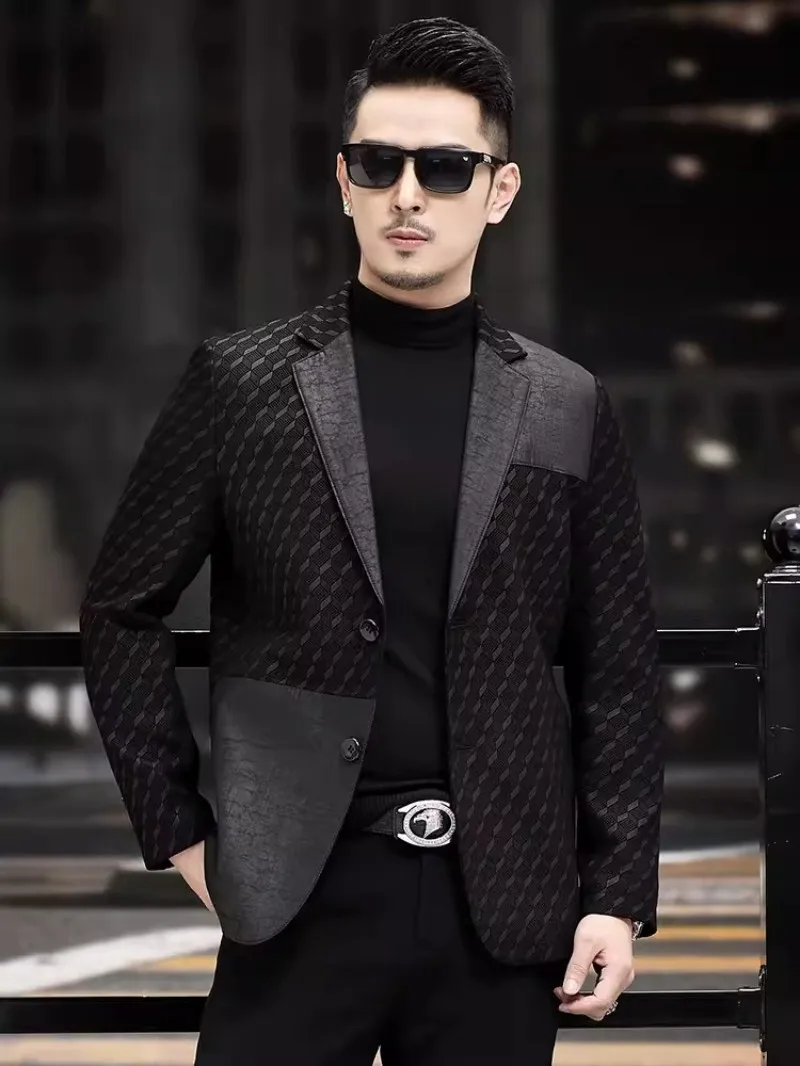 Description Picture 6 of itemNew Spring Autumn Mens Genuine Leather Sheepskin Coat Single Breasted Business Casual Office Men Slim Fit Suit Jacket Size 5XL