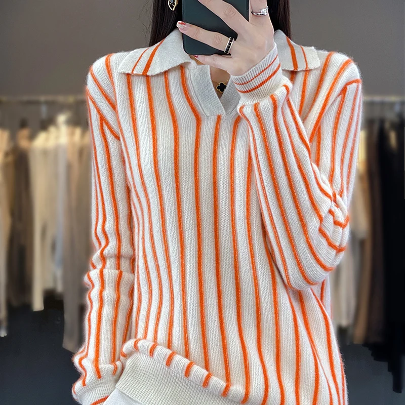 

Autumn and Winter New Wool Sweater Women's Vintage Stripe Polo Neck Top With Foreign Style Underlay Wool Knitted Pullover