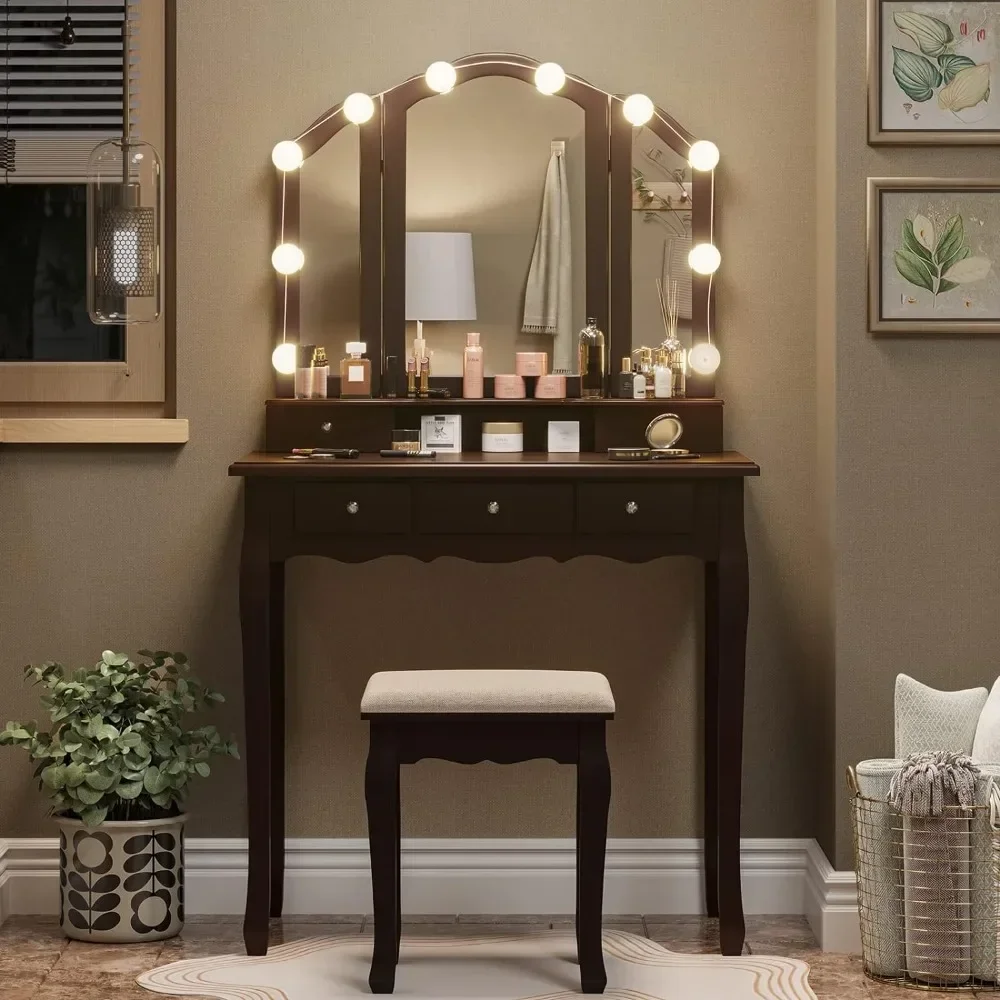 

Dresser with Illuminated Mirror and Stool with 5 Drawers, 3 Light Settings and Adjustable Brightness, Vanity Desk