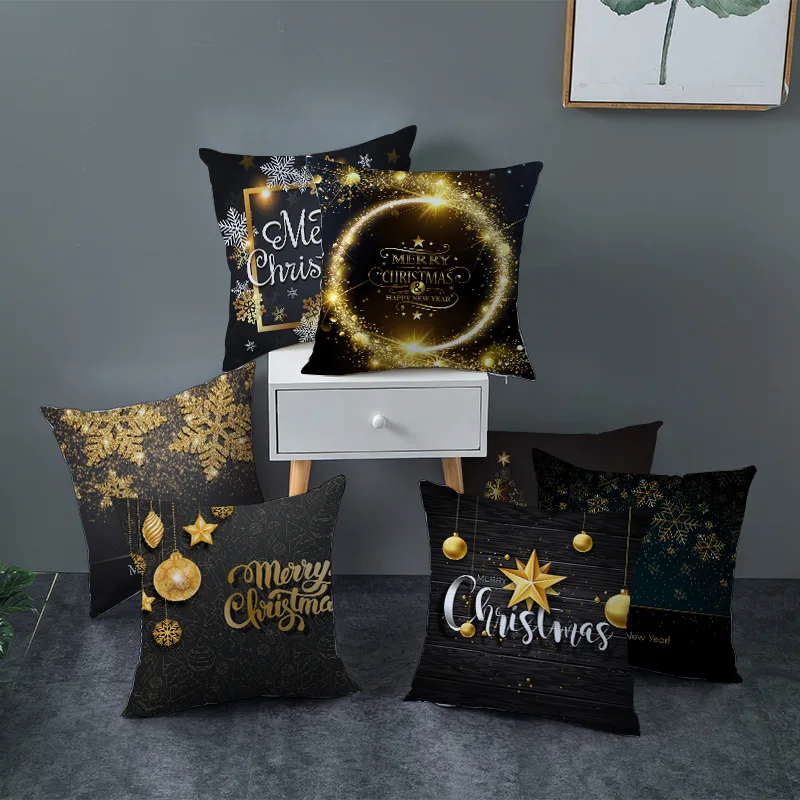 

45cm Christmas Black Gold Cushion Cover Merry Christmas Decorations for Home Cristmas Ornaments Natal Navidad Gift New Year 2021