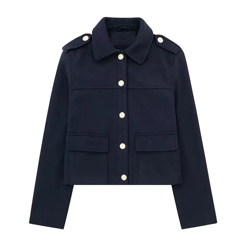 thumbnail image 1 of HH TRAF Chaqueta de moda de otoño para mujer, azul oscuro, cuello vuelto, mangas largas, bolsillos, abrigos de calle de un solo pecho para mujer, 1 of 5