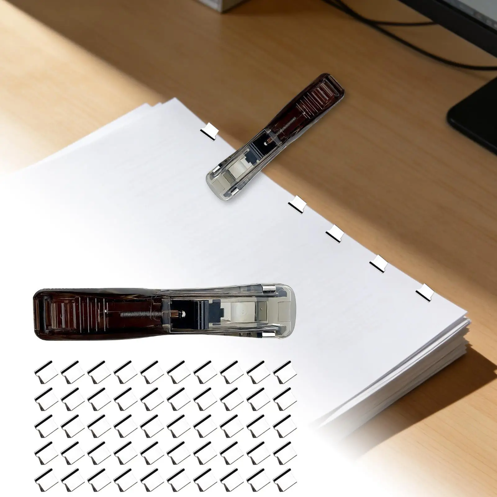 Portable Pusher Stapler With 50 Paper Clip Office Dispenser Reusable Binder Clip Stapler For Book Binding Machine Office Supplie - 3