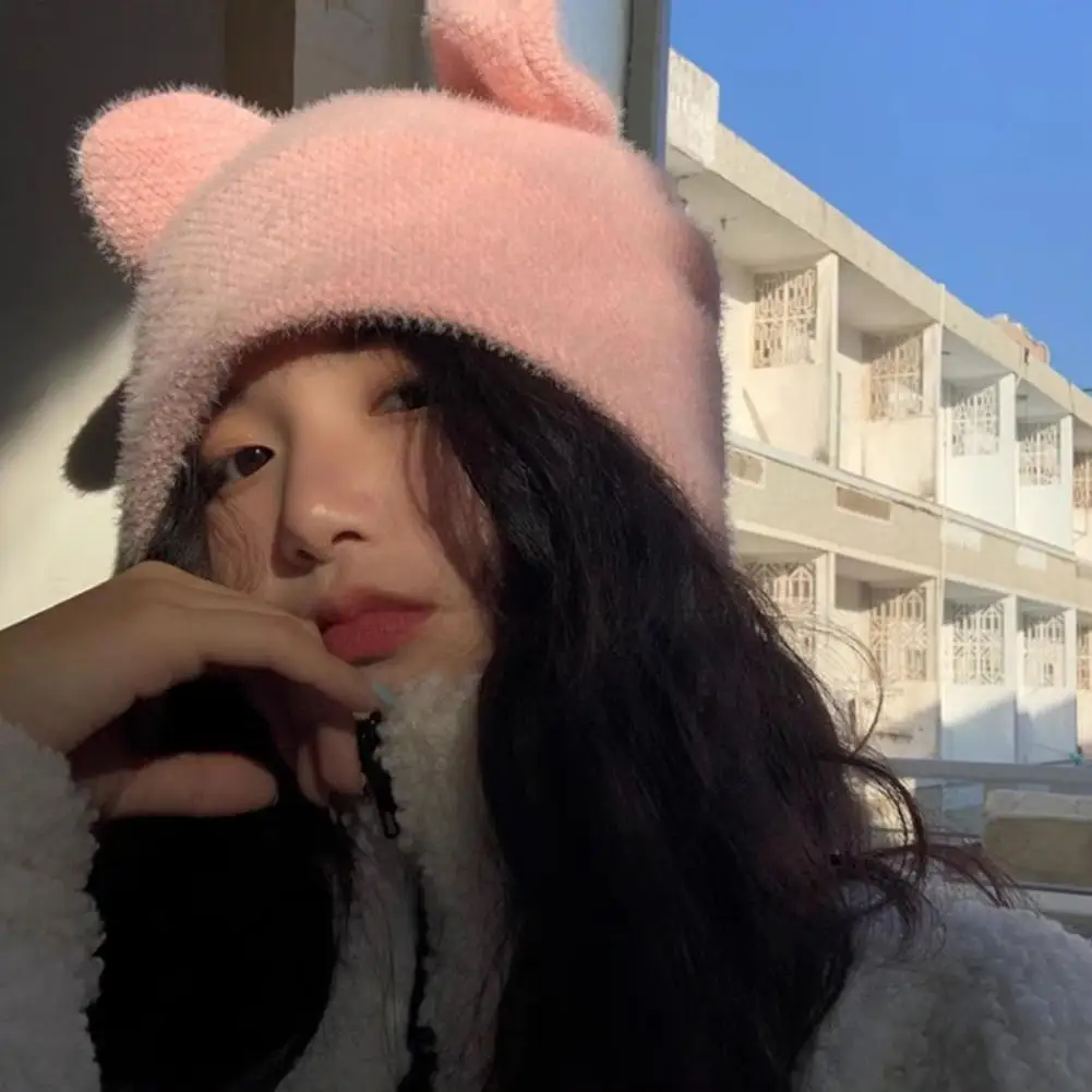 

Women Rabbit Ear Hat Super Soft Women's Beanie Hat with Cute Rabbit Ears Windproof Warm Plush Hat for Winter Cold Soft Beanie