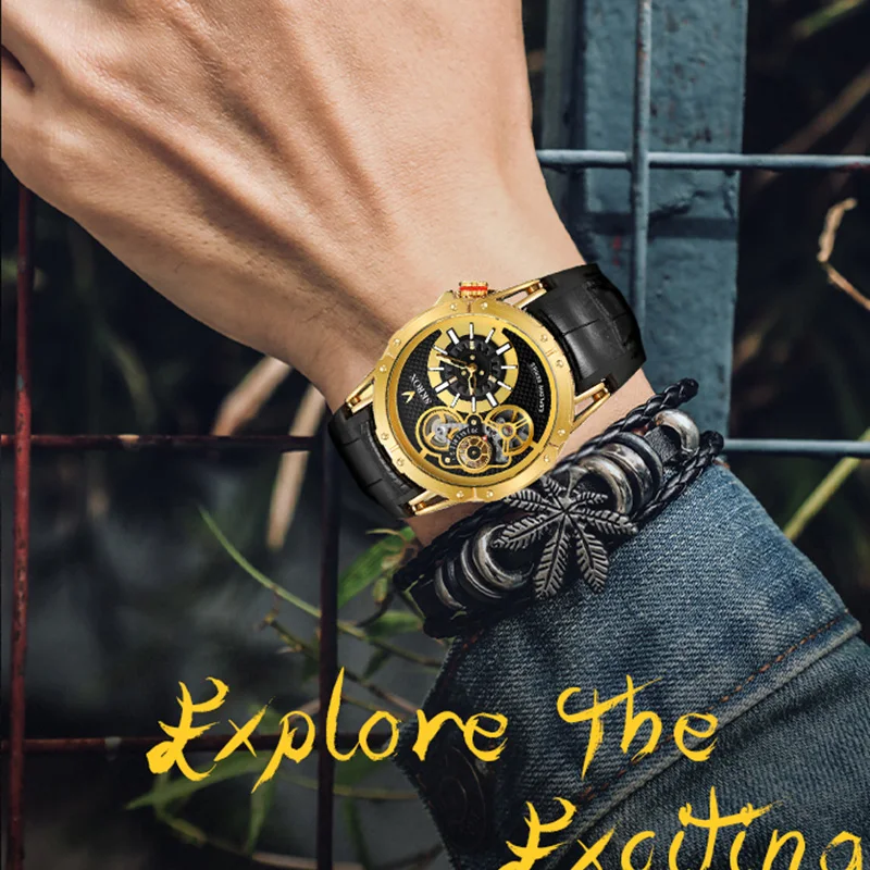 Punk Style Big Size Dual Movements Automatic Man Watch Tourbillon Original Luxury Sports Rubber Band Wrist Watches