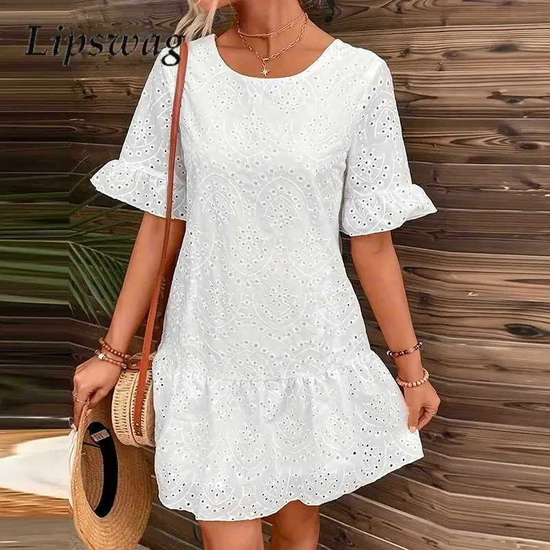 

2024 Loose Lace O-Neck Hollow Printed Dress Spring Summer Casual Lace Jacquard Dress Ladies Elegant Commuter Mini Dress Vestidos