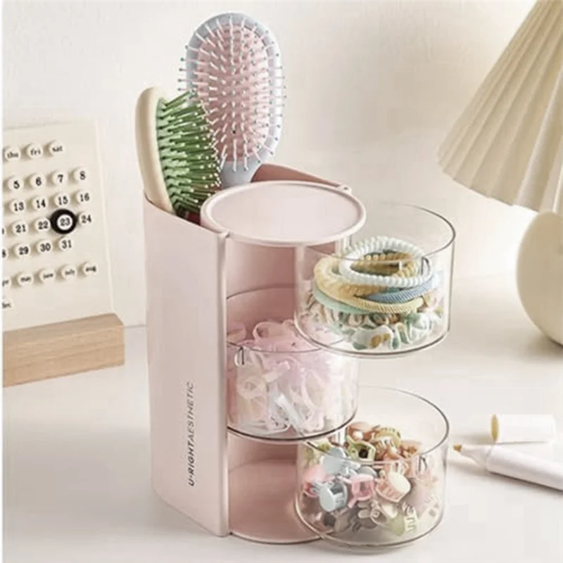 Makeup Brush Holder Makeup Brush Organizer With 2 Slot, 3-Layer Rotating Cosmetic Organizer, Desktop Makeup Box Durable , Pink 3