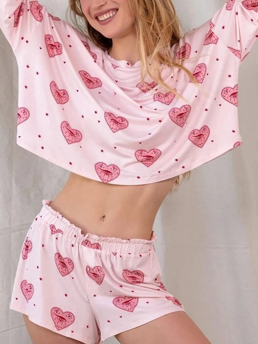 Marthaqiqi Loose Printing Ladies Nightgowns Suit Long Sleeve Nightwear O-neck Pajama Crop Top Nightie Shorts Casual Femme Pyjama
