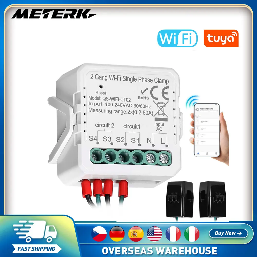 

Однофазный зажим для солнечной батареи Tuya, Wi-Fi, 2 клавиши, 80 А, двунаправленный измеритель энергии, управление через приложение, трансформатор тока