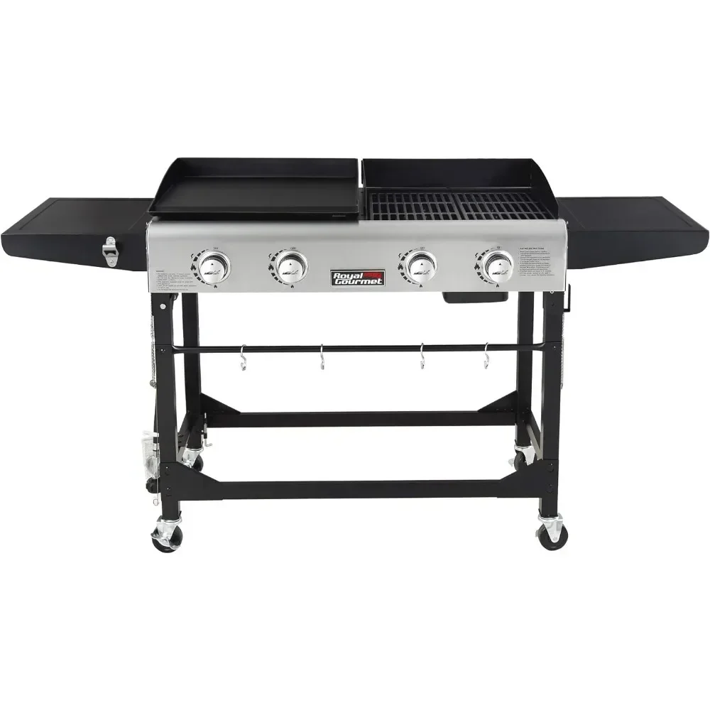 

Portable Propane Gas Grill and Griddle Combo With Side Table | 4-Burner Folding Legs Convection Oven Versatile Bbq Grill Outdoor