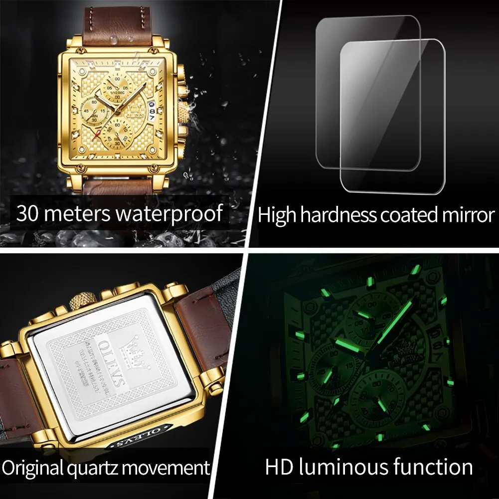 OLEVS Quartz Watch for Men Luxury Square Dial Breathable Leather Strap Waterproof Luminous Fashion Sport Men's Wristwatch Reloj