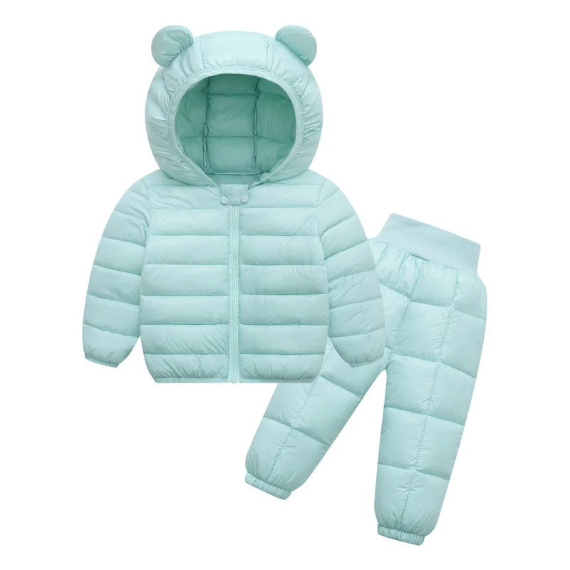 1-4Y Kids Bear Ear Hooded Puffer Set Solid Color Toddler Warm Coat and Pants 2 - Piece Outfit