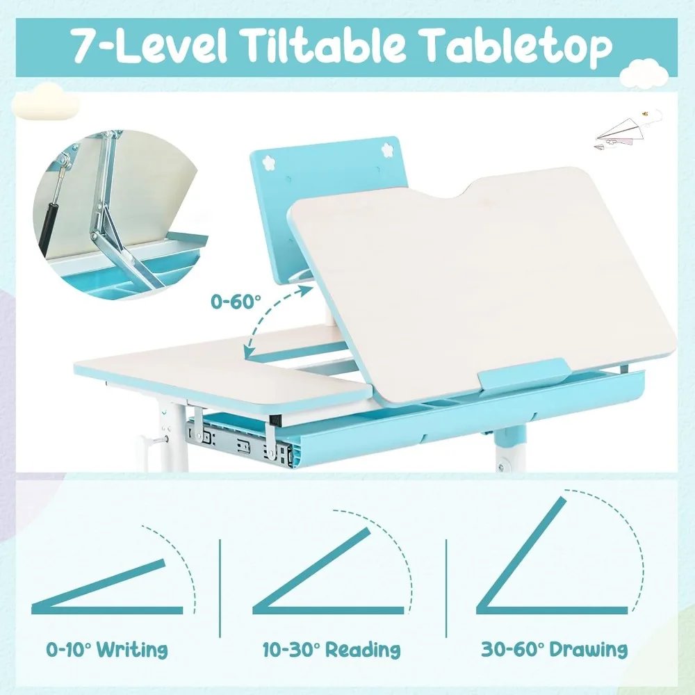 Kids Desk and Chair Set, Height-Adjustable Student Study Desk with Tiltable Desktop, Book Stand, Ergonomic Chair with Footrest 3