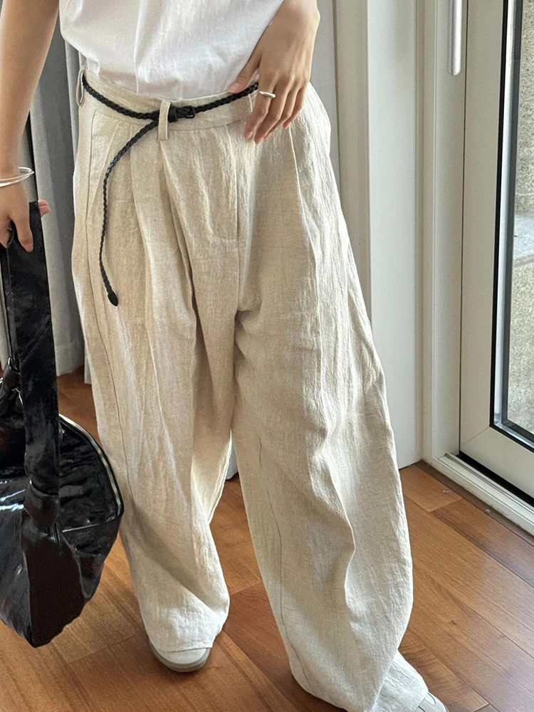 [LANMREM] Minimalism Linen Sunscreen Pants For Women High Waist Straight Wide Leg Trousers Office Lady 2024 Summer New 26D9337