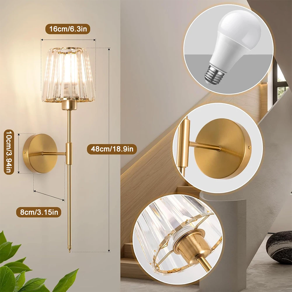 American Style Wall Lamp No wiring LED Rechargeable Bulbs wall Light Crystal wall Sconce For Bedroom Background Home Lighting