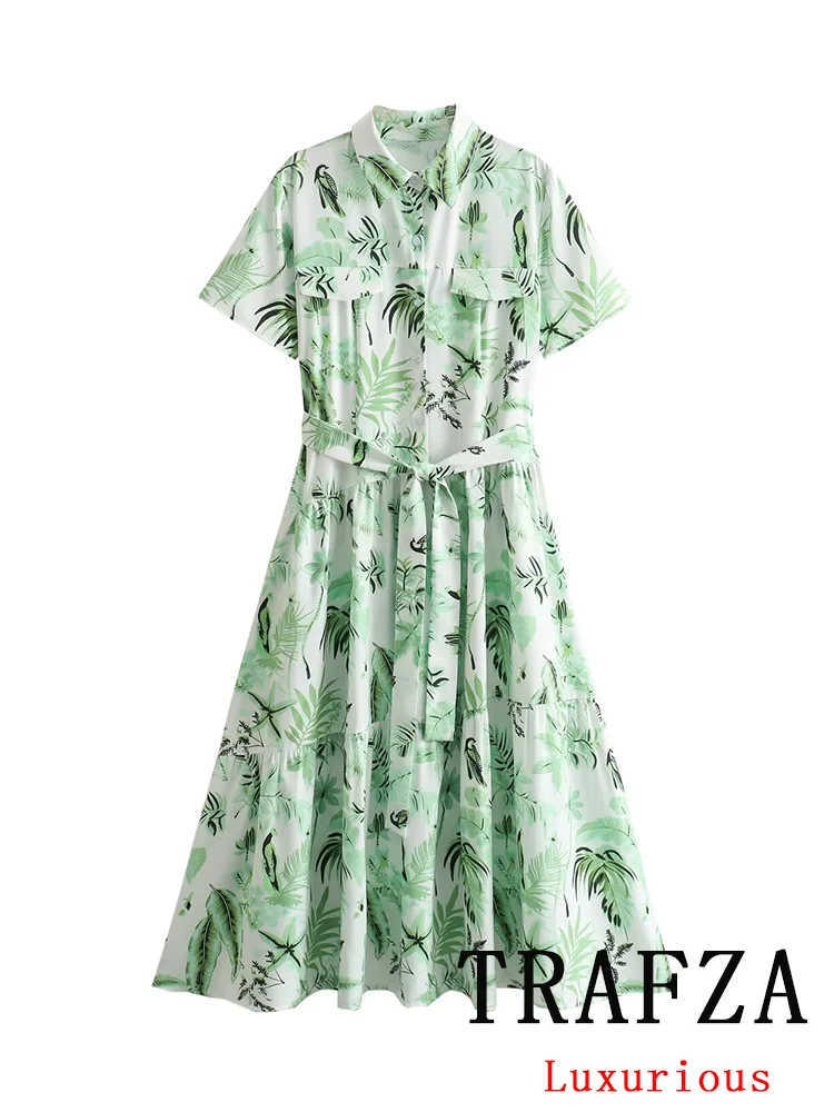 

Женское винтажное платье в стиле бохо TRAFZA, зеленое повседневное длинное платье-рубашка на шнуровке с принтом, лето 2024