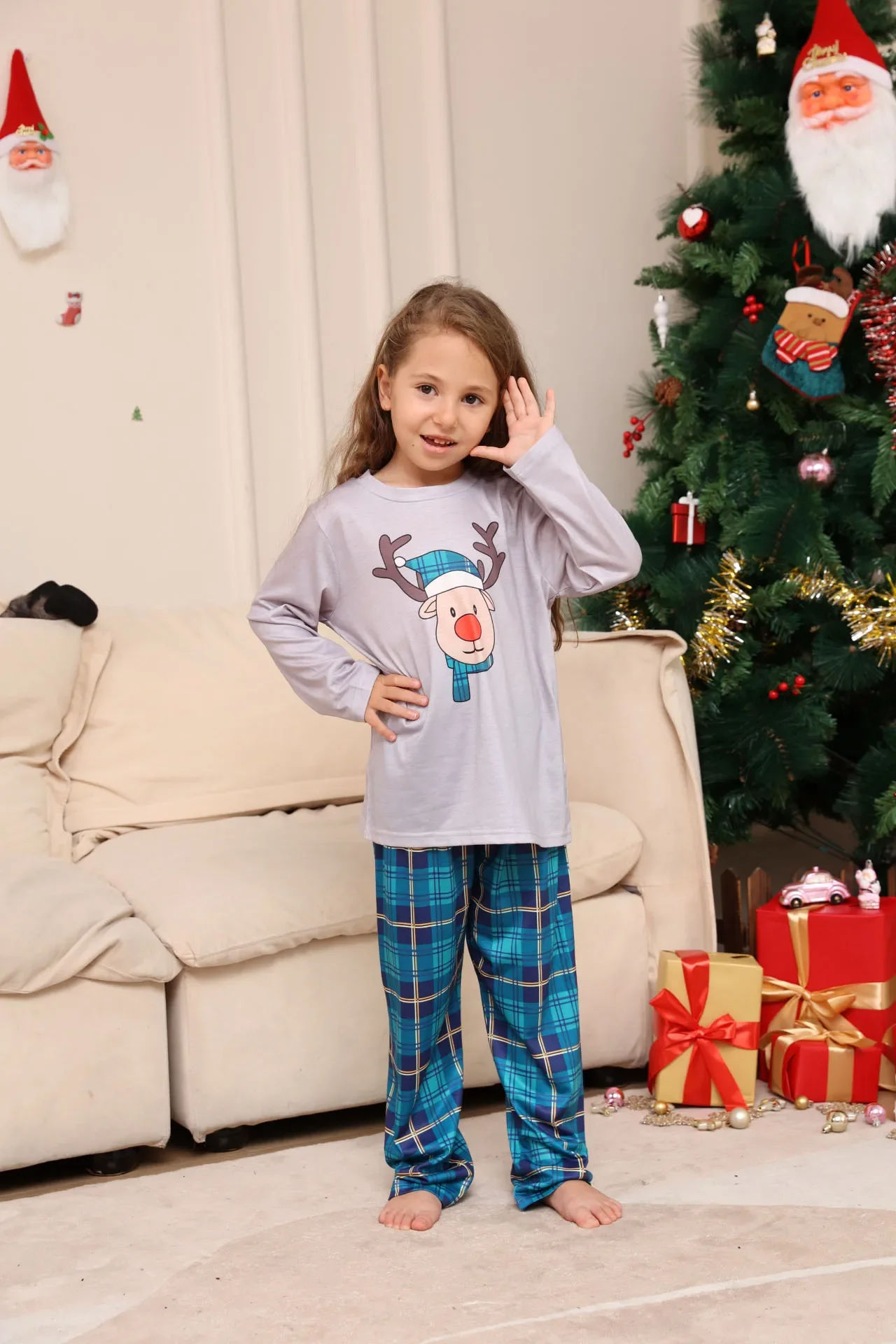 Xmas Gift for Family Cute Deer Plaid Pajamas Set Christmas Matching Outfits Women Men Boys Girls Clothing Sets Baby Dog Romper 6