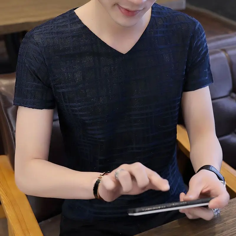 

Fashion V-Neck Solid Color Loose Short Sleeve T-Shirt Men's Clothing 2023 Summer New Oversized Casual Pullovers Korean Tee Shirt