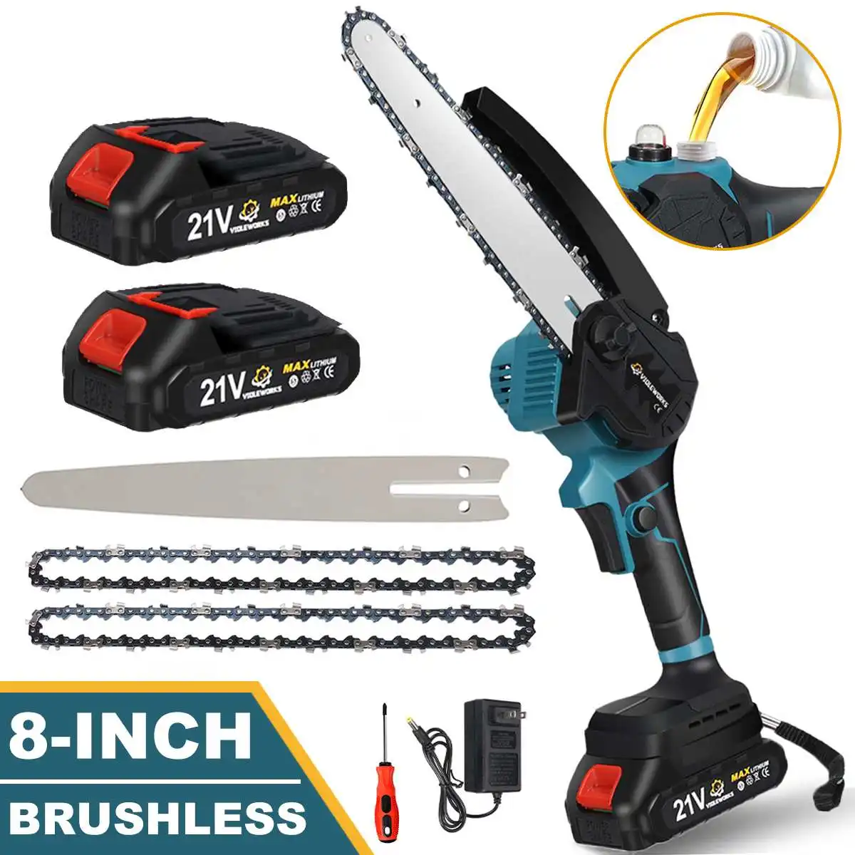 8 Inch Brushless Electric Chain Saw Cordless Rechargeable Winter Garden Power Tool Tree Branches Wood Cutter For Makita 18V