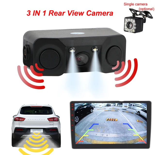 12V Car PDC 3 In 1 Rear View Camera Parking Sensor Radar Set License Plate Lights Distance Control Parktronic System Universal