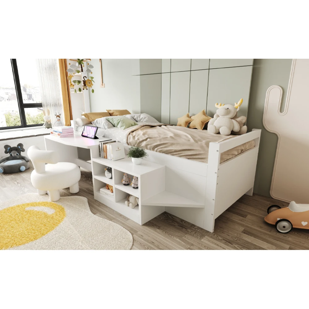 90 x 200 cm großes Einzelbett aus Holz mit Schreibtisch – Steckdosen, Stauraumfächern und Sicherheitsgeländer, kippsicheres und geräuschfreies Design für Schlafzimmer – Detail 15