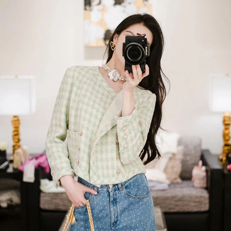 

korean fashion streetwear 2023 spring autumn elegant o-neck short tweed jacket women wool coats jackets