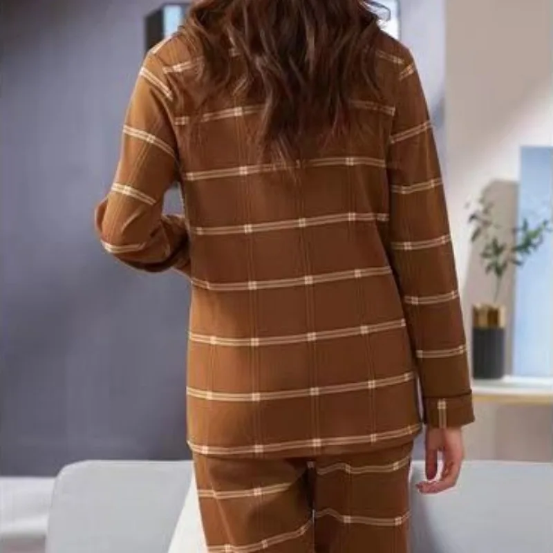 Cotton Women Spring Autumn Pajamas Korean Version Long Sleeve Pyjamas Plaid Casual Nightdress Loose Comfortable Home Wear Set