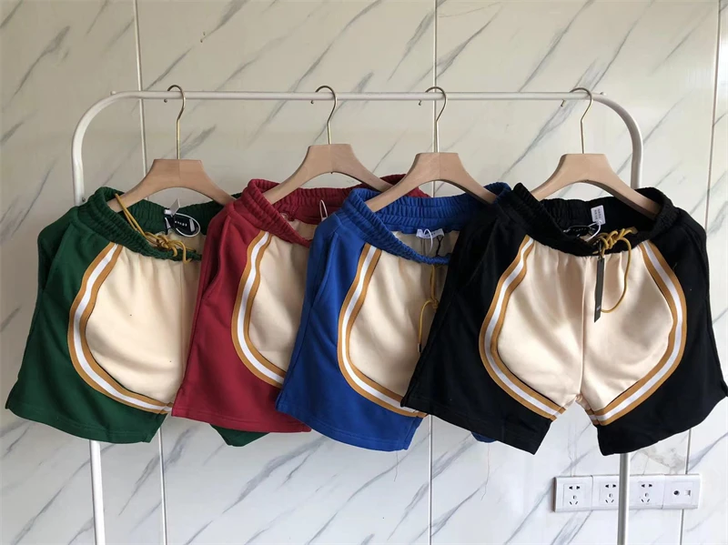 

23SS New Patchwork Rhude Shorts Men Women Drawstring Oversized Striped Breeches Inside Tag Hip Hop