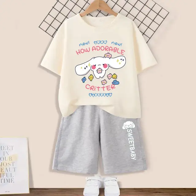 Sanrios Kawaii Anime Cinnamoroll Cute Cartoon Summer Kids Loose Leisure Sportswear Set Short-Sleeve Shorts Two-Piece Gift