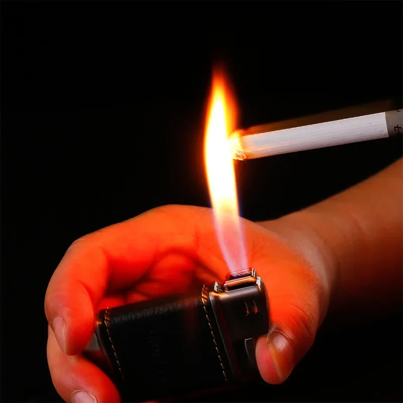 HONEST Upscale Genuine Leather Metal Gas Cigar Lighter Oblique Out Open Flame Pipe Dedicated Cigarette Lighter Men's Gift 3