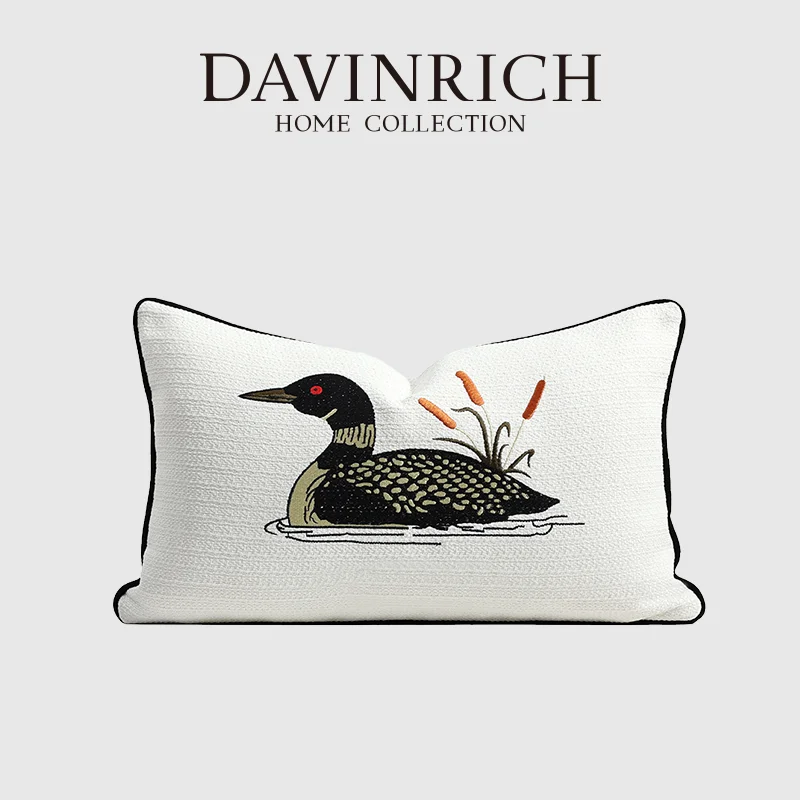 

DAVINRICH American Style Luxury Lumbar Pillow Cover Black And White Duck Embroidered Accent Cushion Case Farmhouse Villa Decor