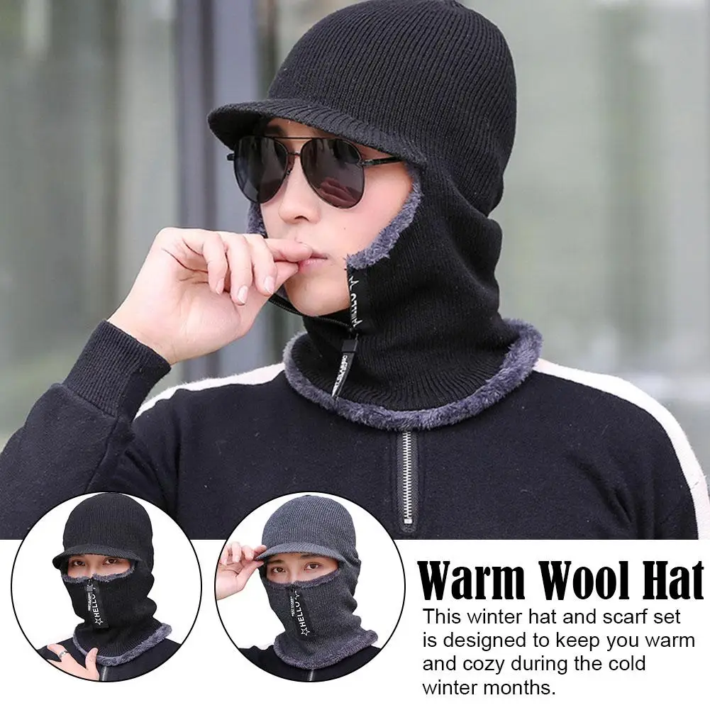 

New Men Winter Warm Wool Hat Outdoor Ear Protection Cap Scarf Visors Hats Warm Bicycle Windproof Knitted Beanie Thick Cap C3Y6