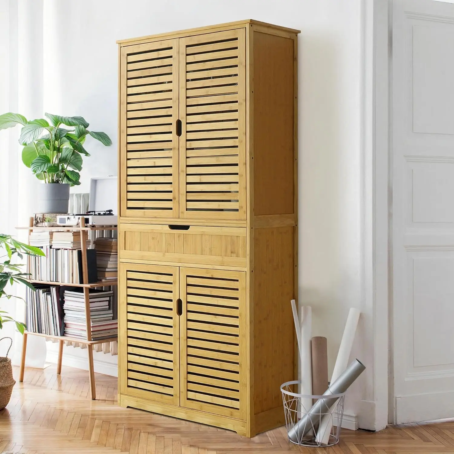 MUPATER Kitchen Pantry Storage Cabinet Microwave Hutch, 72'' Freestanding Bamboo Hutch Cabinet Buffet Cupboard Tall with Drawer