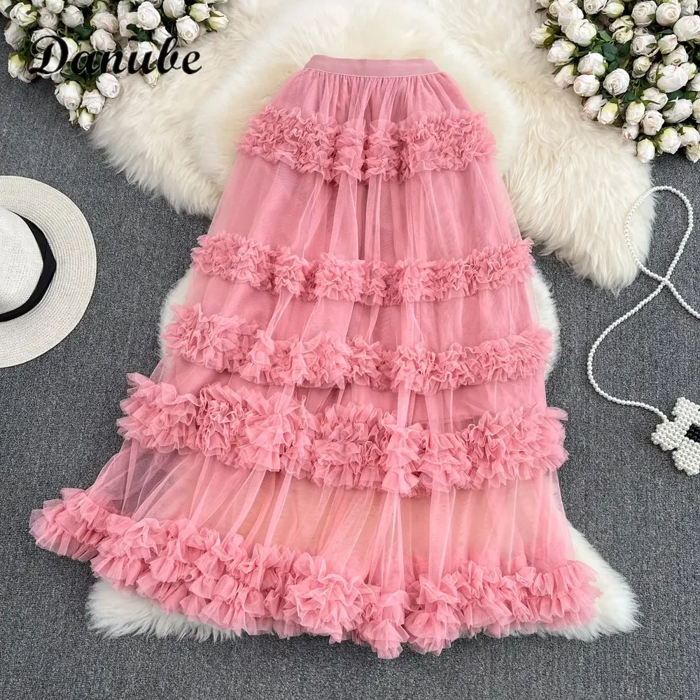 Elegant Ruffled Tulle Tutu Skirts Women Summer Vintage Multilayer High Waist A-line Mesh Cake Long Skirts Lady Aesthetic Faldas