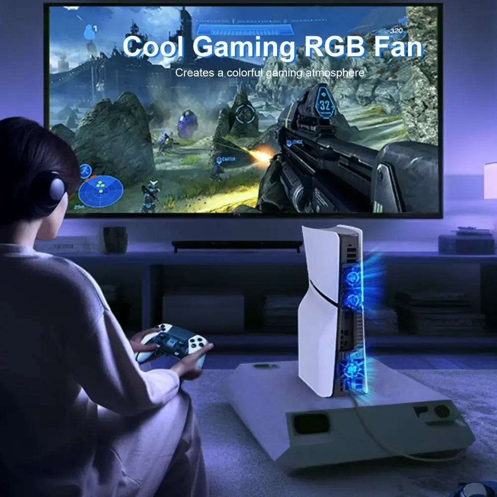 For PS5 Slim Cooling Fan With RGB Light 3 Cooling Fans High Efficient Cooler System 3 USB Port for PS5 Disc/Digital Edition