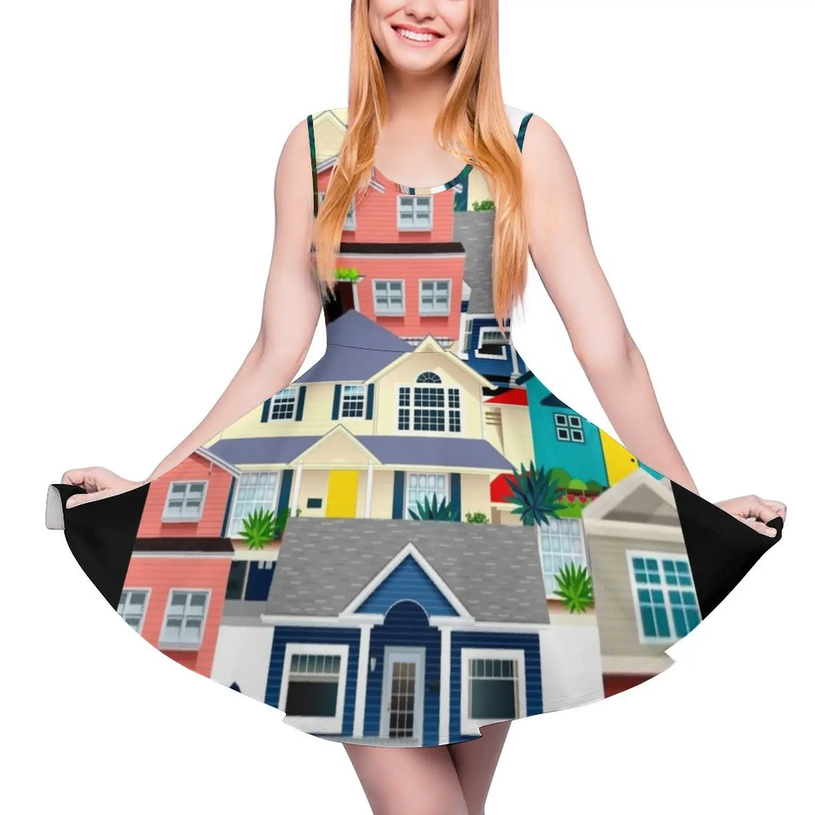 

Houses Print Round Neck Dress dress women summer clothes womens clothing