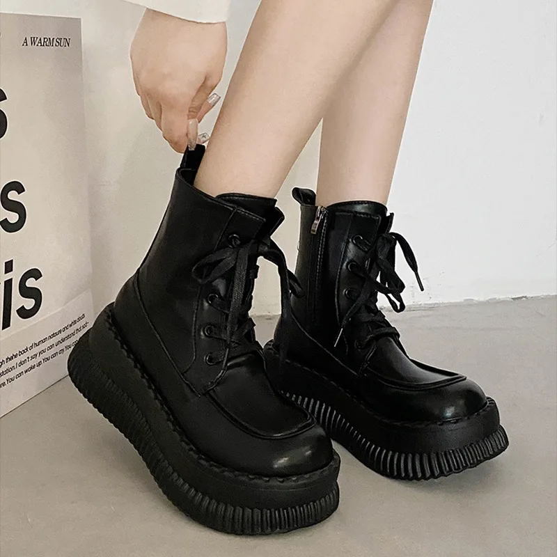 

Black British Style Thick Bottomed Ankle Boots for Women's Autumn 2023 New Retro Lace Up Short Boots Women Shoes Botines Mujer