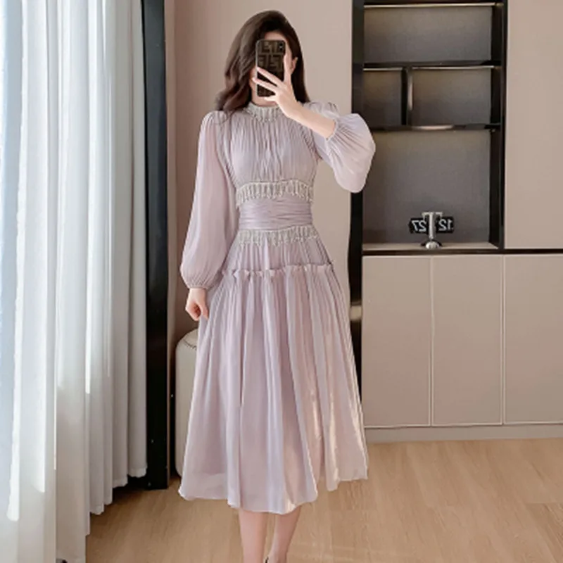 

2024 New Luxury Spring Diamonds Tassel Ruffles Puff Sleeve Long Dress Women's Slim Waist Stylish Elegant Party Dresses