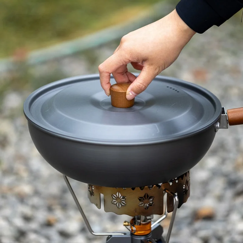 Outdoor Aluminum Alloy Frying Pan Solid Wood Handle Portable Camping Picnic Pot Detachable Handle Household Frying Pan