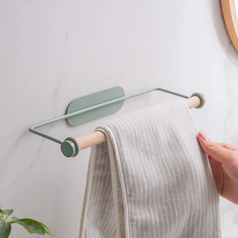 Bathroom Wood Towel Hanger Rack Bar Kitchen Cabinet Cling Film Rag Hanging Holder Organizer Toilet Roll Paper Holder Shelf