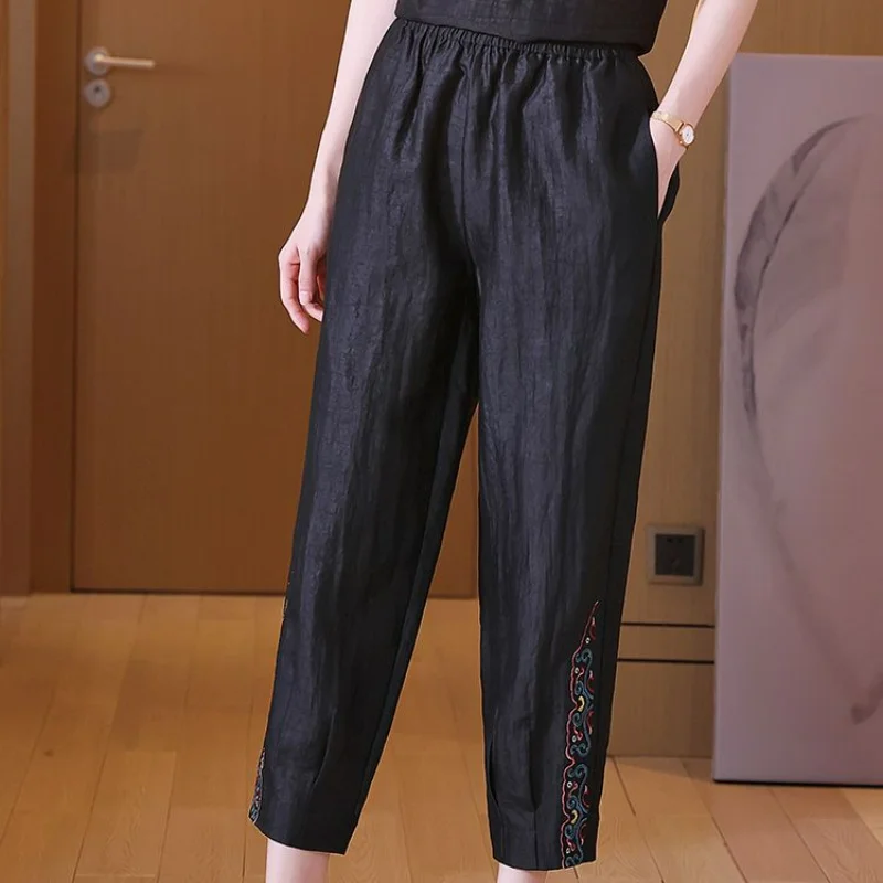 Summer Thin Women Black Harun Pants New Fashion Big Size Vintage Embroidery Elastic High Waist Loose Casual Straight Trousers