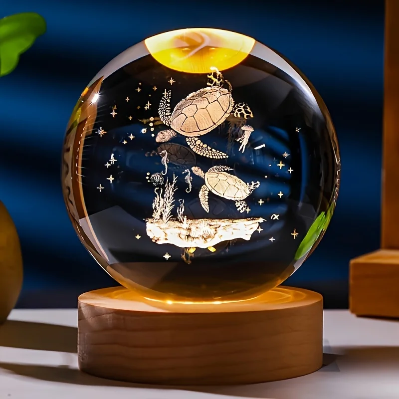 3D Sea Turtle Crystal Ball Night Light 6cm Crystal Glass Sphere with LED Wooden Base Home Decor Gift for Women Friends Girls