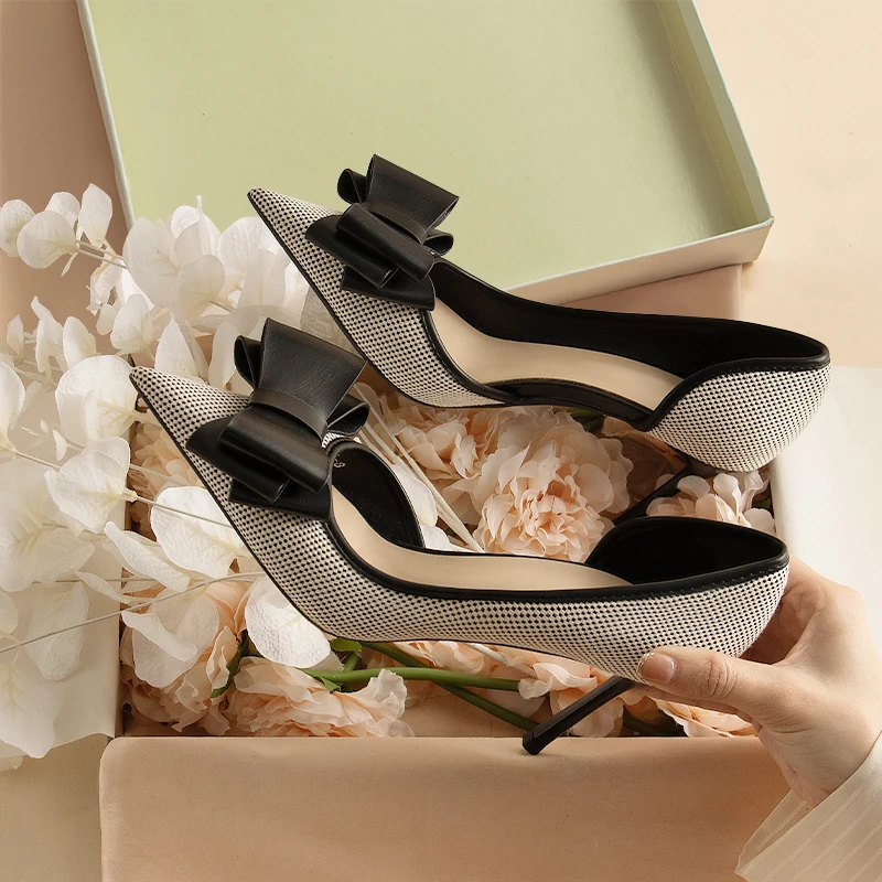 

Pointed Bow Side Air High Heels for Women 2024 New Spring Versatile Style Thin Heels Spring and Autumn Single Shoes 5423