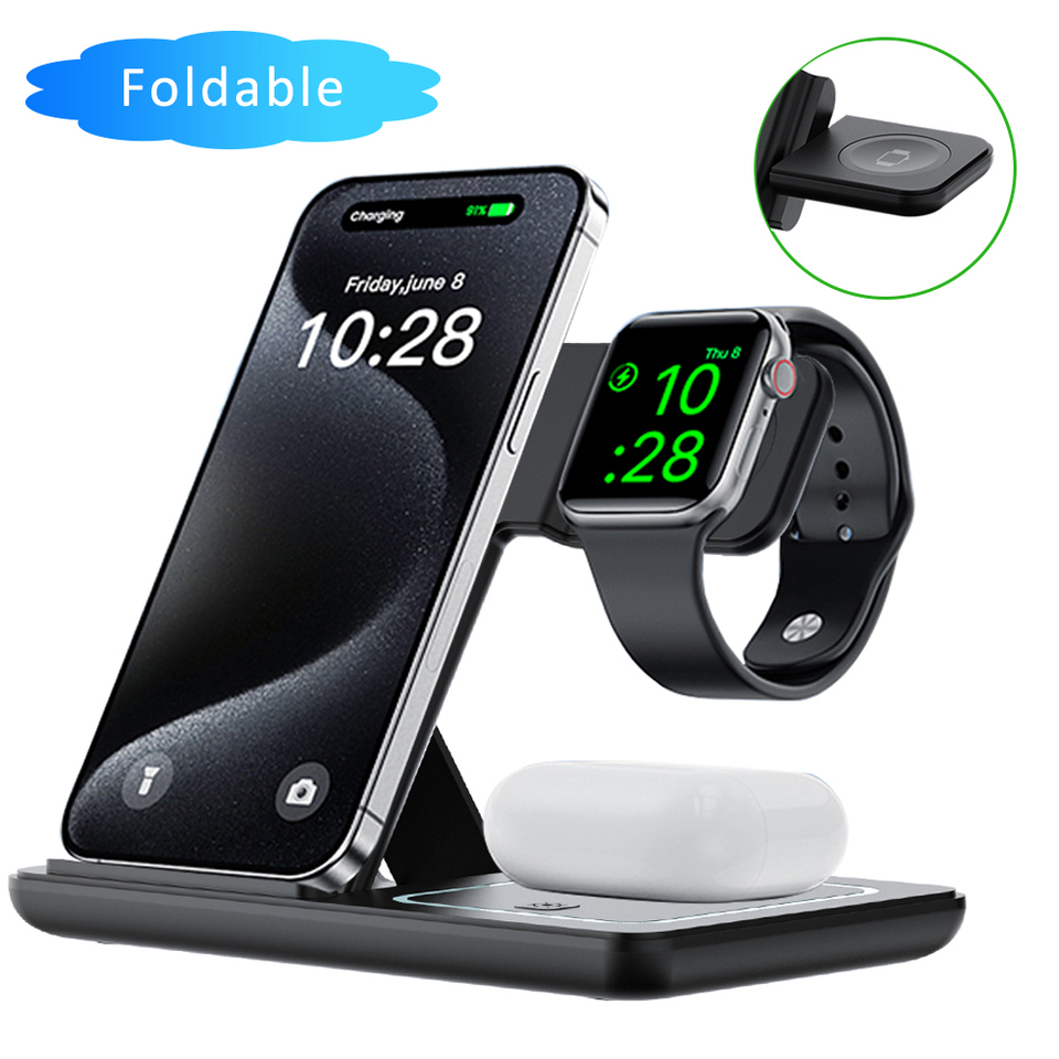 Foldable 30W 3 in 1 Night LED Light Wireless Charger Stand For iPhone 17 Pro Apple Watch 2-8 SE Airpods Fast Charging Station